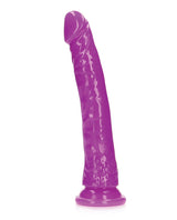 RealRock 10 inch Slim Dildo Glow in the Dark Neon Purple standing upright on a white background.