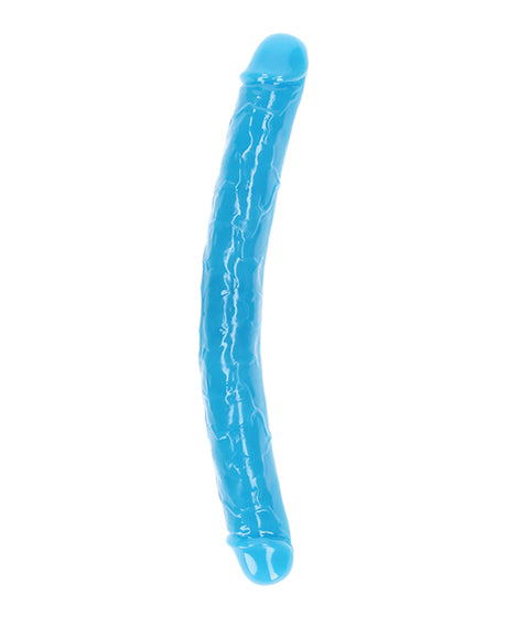 RealRock 15 Inch Double Dong Glow in the Dark Neon Blue designed for double-ended pleasure and vibrant glow.