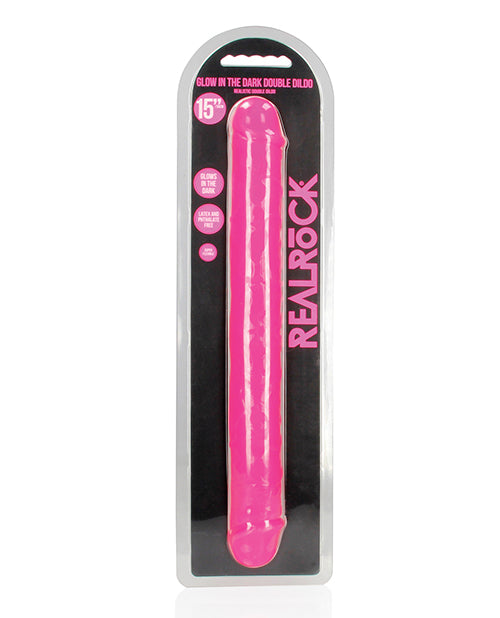 RealRock 15 inch Double Dong Glow in the Dark Neon Pink packaging showcasing its vibrant design.