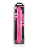 RealRock 15 inch Double Dong Glow in the Dark Neon Pink packaging showcasing its vibrant design.