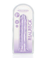 RealRock Crystal Clear 8 inch Dildo Suction Cup Purple in packaging showing crystal clear design and suction cup feature.