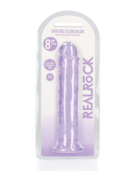 RealRock Crystal Clear 8 inch Dildo Suction Cup Purple in packaging showing crystal clear design and suction cup feature.