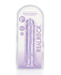 RealRock Crystal Clear 8 inch Dildo Suction Cup Purple in packaging showing crystal clear design and suction cup feature.