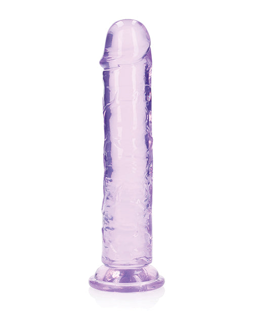 RealRock Crystal Clear 8 inch Dildo Suction Cup Purple displayed against a white background.