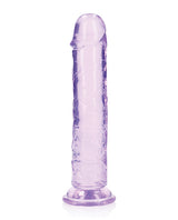 RealRock Crystal Clear 8 inch Dildo Suction Cup Purple displayed against a white background.