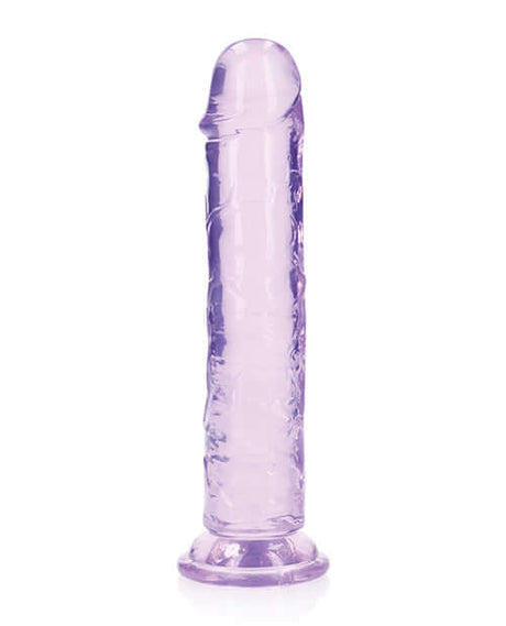 RealRock Crystal Clear 8 inch Dildo Suction Cup Purple displayed against a white background.