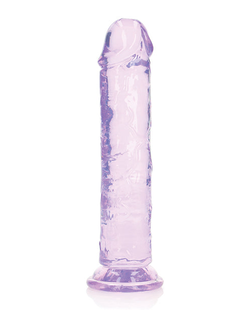 RealRock Crystal Clear 8 inch Dildo Suction Cup Purple, translucent purple dildo with suction cup base for hands-free fun.