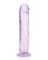 RealRock Crystal Clear 8 inch Dildo Suction Cup Purple, translucent purple dildo with suction cup base for hands-free fun.