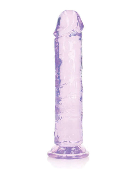 RealRock Crystal Clear 8 inch Dildo Suction Cup Purple, translucent purple dildo with suction cup base for hands-free fun.