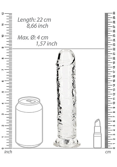 Realrock Straight Realistic 8 Inch Dildo Transparent next to measuring scale and comparison items.