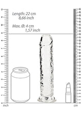 Realrock Straight Realistic 8 Inch Dildo Transparent next to measuring scale and comparison items.