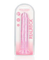 RealRock Crystal Clear 9 Inch Dildo Suction Cup Pink in packaging, showcasing its translucent pink design.