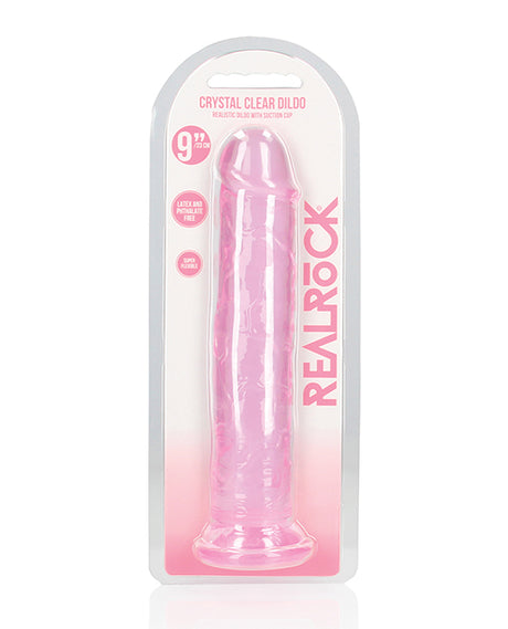 RealRock Crystal Clear 9 Inch Dildo Suction Cup Pink in packaging, showcasing its translucent pink design.