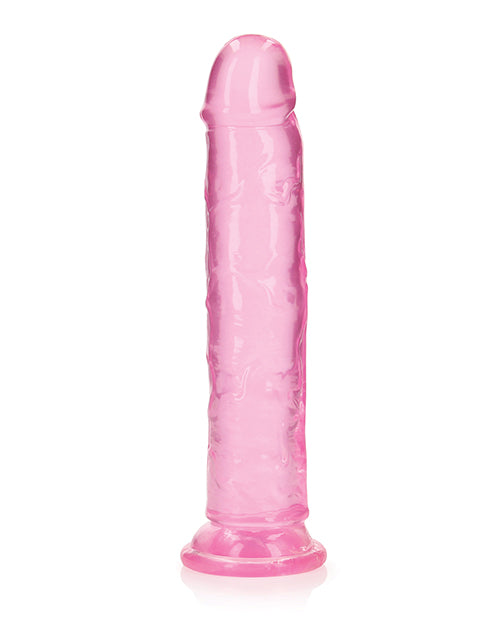 RealRock Crystal Clear 9 Inch Dildo Suction Cup Pink showcasing translucent design and lifelike details.