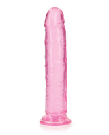 RealRock Crystal Clear 9 Inch Dildo Suction Cup Pink showcasing translucent design and lifelike details.