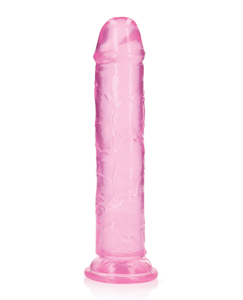RealRock Crystal Clear 9 Inch Dildo Suction Cup Pink displayed on a white background, showing its translucent design.