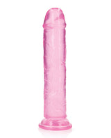 RealRock Crystal Clear 9 Inch Dildo Suction Cup Pink displayed on a white background, showing its translucent design.