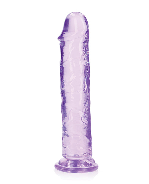 RealRock Crystal Clear 9 inch Dildo Suction Cup Purple displayed against a white background, showcasing its sleek design.