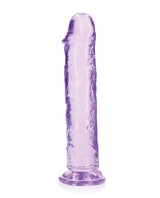 RealRock Crystal Clear 9 inch Dildo Suction Cup Purple displayed against a white background, showcasing its sleek design.
