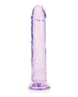 RealRock Crystal Clear 9 inch Dildo Suction Cup Purple, transparent purple dildo with a smooth design and suction base.