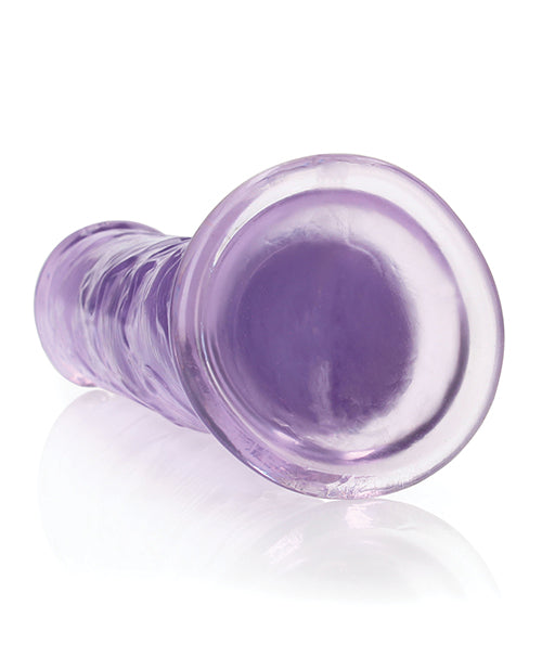 RealRock Crystal Clear 9 inch Dildo Suction Cup Purple viewed from the side, showcasing its clear purple design and suction base.
