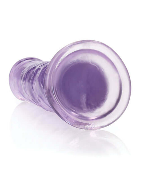 RealRock Crystal Clear 9 inch Dildo Suction Cup Purple viewed from the side, showcasing its clear purple design and suction base.