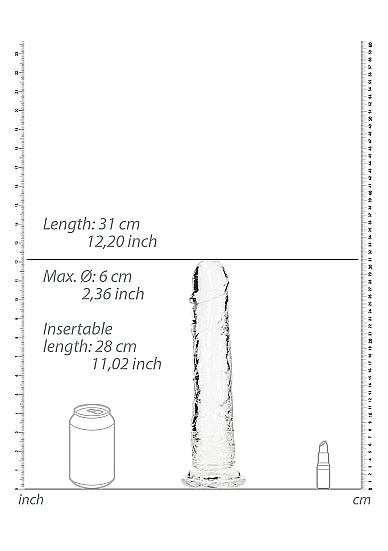 Dimensions of Realrock Realistic Straight Dildo 11 inches Clear showing length, max diameter, and insertable length.