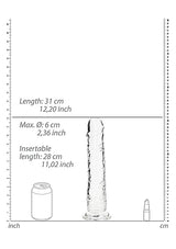Dimensions of Realrock Realistic Straight Dildo 11 inches Clear showing length, max diameter, and insertable length.