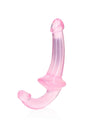 Realrock Crystal Clear Strapless Strap-On 6 Inch Pink double-ended toy for couples' pleasure.
