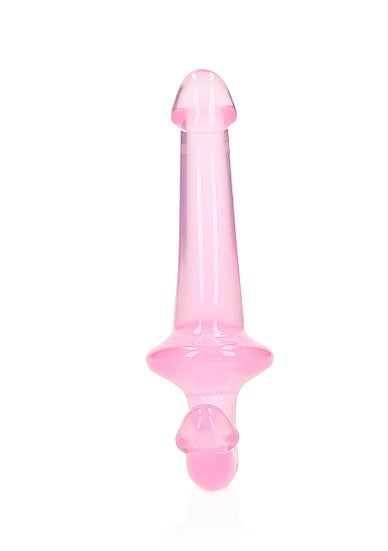 Realrock Crystal Clear Strapless Strap-On 6 Inch Pink dildo showcasing double-ended design and sleek appearance.