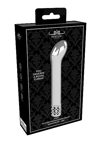 Royal Gems Jewel G-spot Vibe Silver packaging featuring a sleek metallic vibe design.