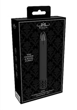 Royal Gems Shiny Powerful Vibe Rechargeable Gunmetal bullet vibrator packaging showcasing elegant design.