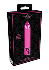 Royal Gems Glamour Pink ABS Bullet Vibrator packaging with elegant design and text, perfect for personal use.