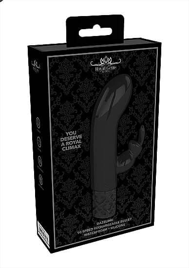 Royal Gems Dazzling Black Rechargeable Silicone Bullet packaging showcasing elegant design and features.