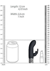 Royal Gems Dazzling Black Rechargeable Silicone Bullet dimensions, 12 cm length and 2.6 cm width, beside a can and lipstick for size reference.