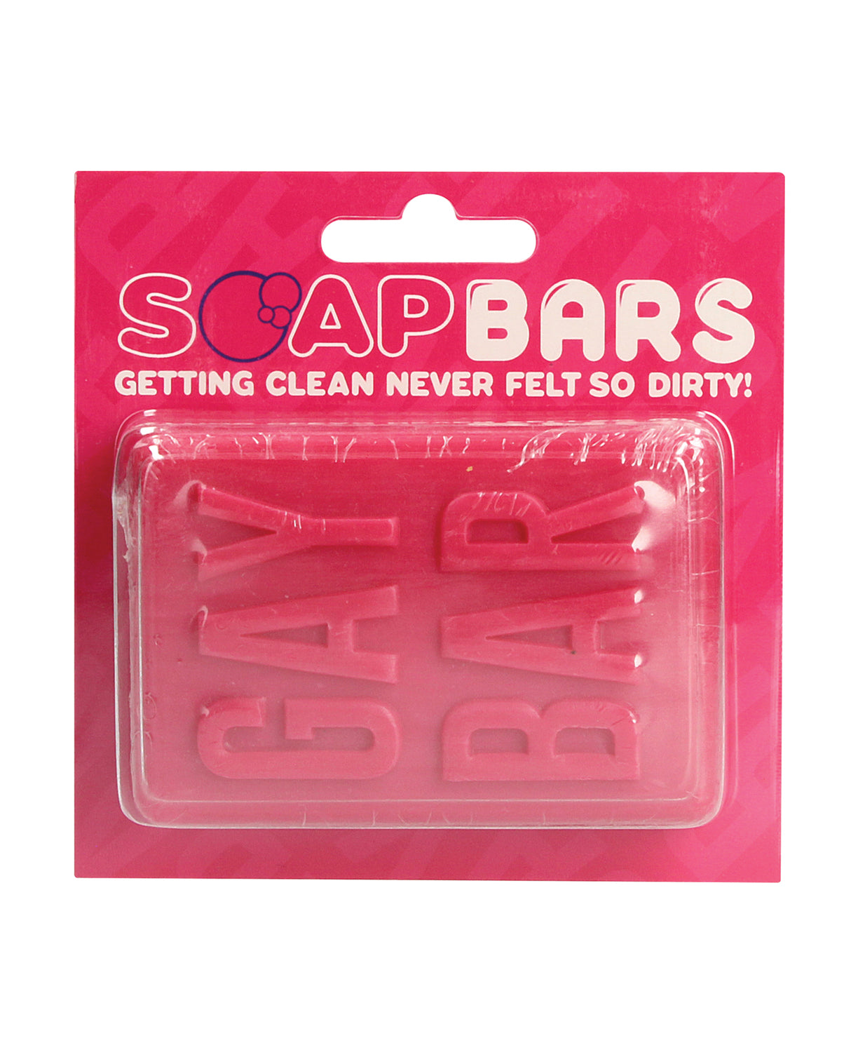 Shots Gay Bar Novelty Soap Bar Pink packaging with bold text saying 'GAY BAR'. Fun, vibrant design for playful cleaning.