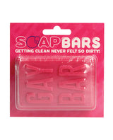 Shots Gay Bar Novelty Soap Bar Pink packaging with bold text saying 'GAY BAR'. Fun, vibrant design for playful cleaning.