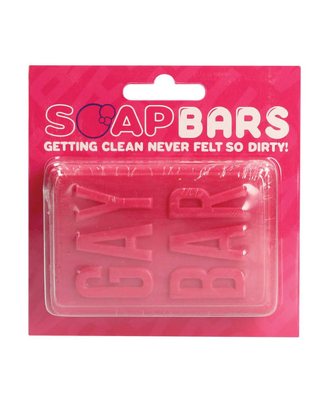 Shots Gay Bar Novelty Soap Bar Pink packaging with bold text saying 'GAY BAR'. Fun, vibrant design for playful cleaning.