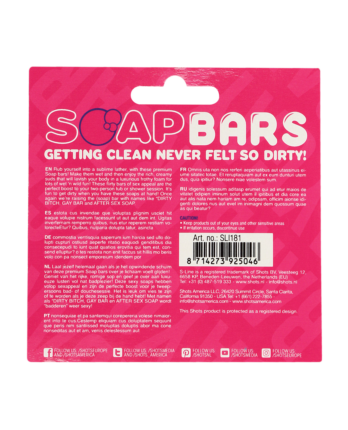 Shots Gay Bar Novelty Soap Bar Pink packaging with playful slogan and product details.