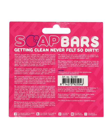 Shots Gay Bar Novelty Soap Bar Pink packaging with playful slogan and product details.