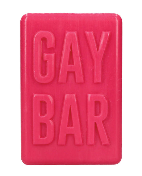 Shots Gay Bar Novelty Soap Bar Pink with bold lettering on vibrant pink surface.