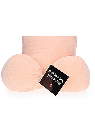 S-Line 35 Inch Penis Plushie Flesh Stuffed Toy with humorous message tag 'don't be a dick, gimme a hug'