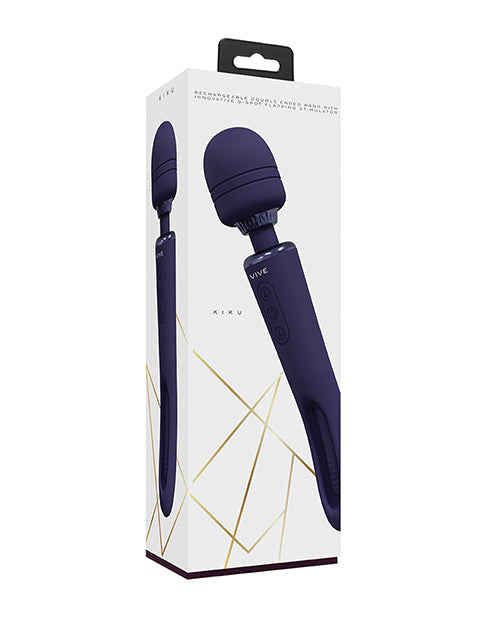Shots Vive Kiku Double Ended Wand Vibrator Purple packaging design showcasing its sleek and innovative features.
