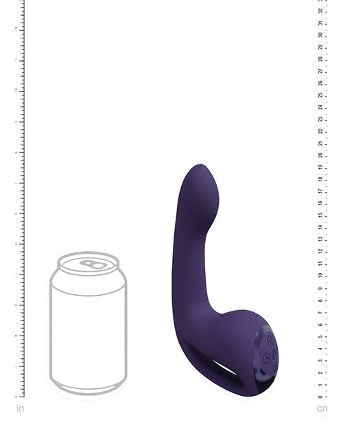 Vive Riko Triple Motor Silicone Vibrator Purple next to a can for size comparison and detail on design features.