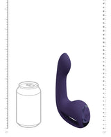 Vive Riko Triple Motor Silicone Vibrator Purple next to a can for size comparison and detail on design features.