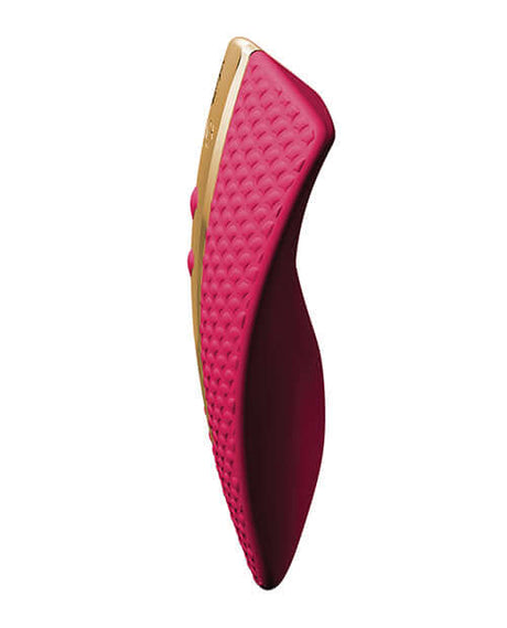 Shunga Obi Intimate Massager Raspberry in side profile view, designed for intense clitoral stimulation and pleasure.