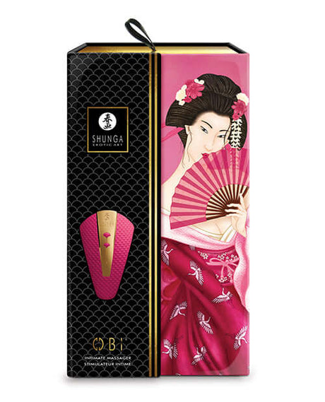 Shunga Obi Intimate Massager Raspberry packaging featuring elegant design and vibrant colors.