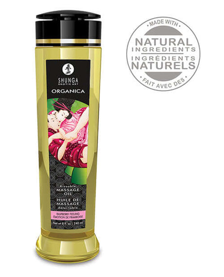 Shunga Organica Kissable Massage Oil Raspberry Feeling 8 Oz bottle with natural ingredients label.