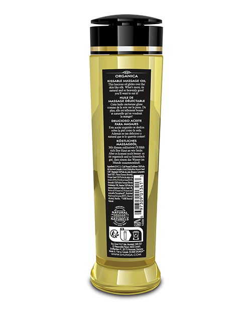 Back view of Shunga Organica Kissable Massage Oil Raspberry Feeling 8 Oz with instructions and ingredients.
