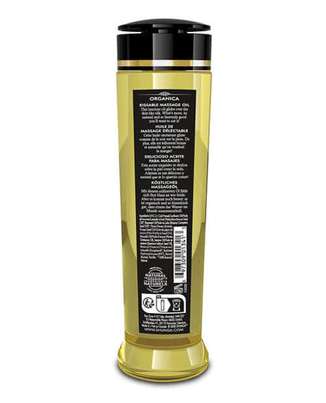 Back view of Shunga Organica Kissable Massage Oil Raspberry Feeling 8 Oz with instructions and ingredients.